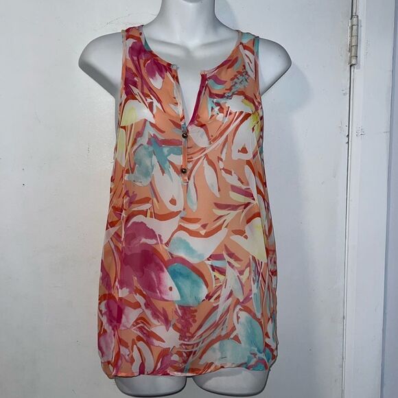MIAMI Multicolor Abstract Floral Print Sheer Lightweight Tank Top-S - Picture 1 of 8
